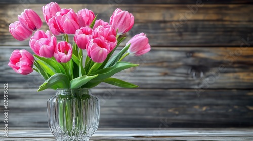 Wallpaper Mural Bright pink tulips bloom in a crystal vase, bringing a touch of spring to the rustic wooden setting.

 Torontodigital.ca