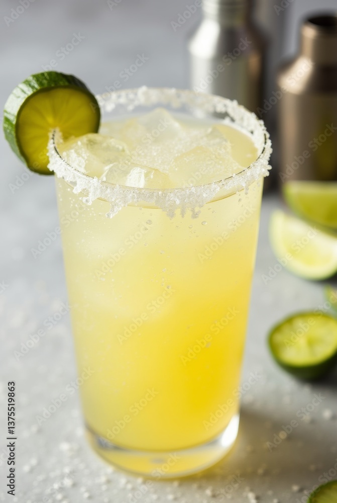 Refreshing pickle margarita with salt rim and slice of pickled cucumber garnish on a bar table. Refreshing pickle margarita with salt rim and slice of pickled cucumber garnish on a bar table.