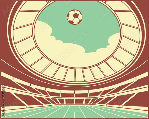 Vibrant Soccer Stadium Illustration with Ball and Sky Above.