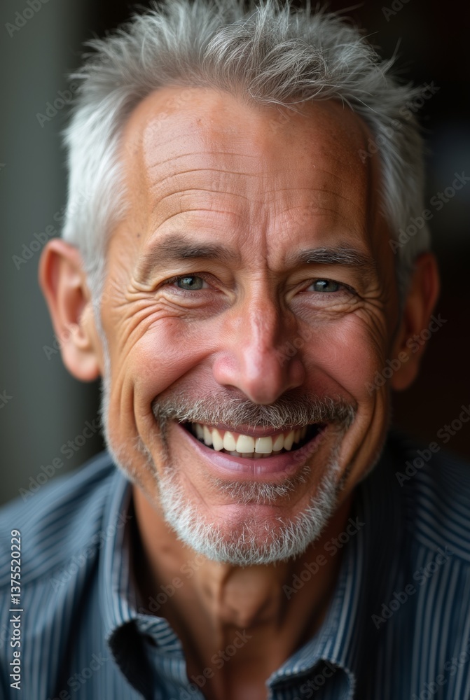 Smiling elderly man with gray hair and beard in striped shirt Smiling elderly man with gray hair and beard in striped shirt