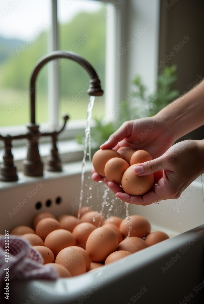 Hands washing fresh brown eggs in farmhouse sink with running water