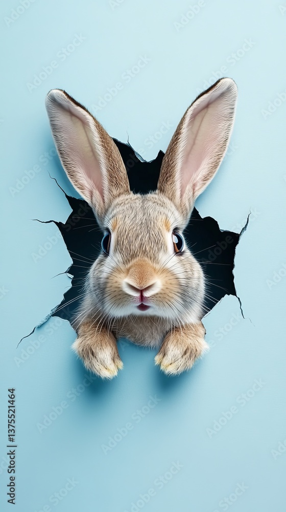 Obraz premium Playful bunny peeking from a hole in a blue wall fluffy eared easter rabbit banner design