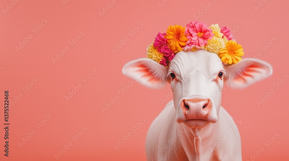 Naklejka premium Adorable sacred cow wearing colorful floral crown on pink background