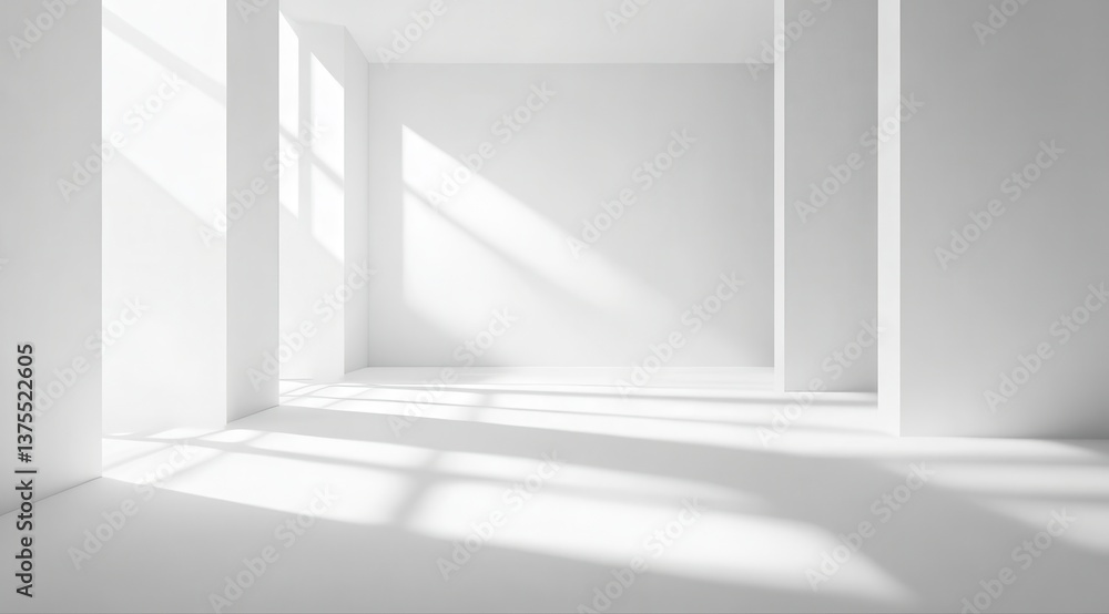 Obraz premium A large, empty room with white walls and white floor. The room is illuminated by sunlight coming in through the windows. The room is very spacious and has a clean, minimalist feel to it