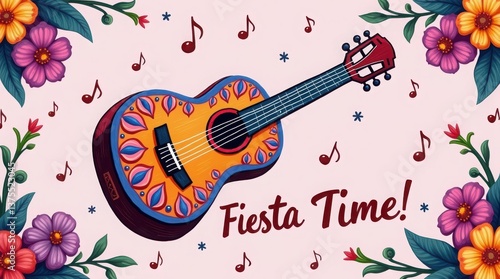 A colorful, guitar surrounded by flowers and musical notes, with text 