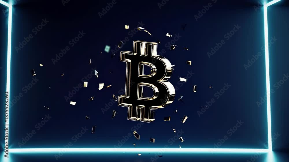 Cryptocurrency symbols bursting through glowing digital frames, golden bitcoin and silver litecoin showering vibrant confetti against electric colored backdrop