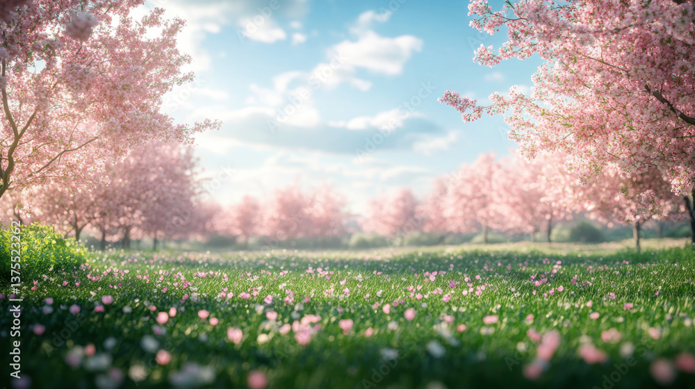 Fototapeta premium breathtaking spring landscape featuring lush field adorned with blooming cherry blossom trees, vibrant flowers, and serene sky, evoking sense of tranquility and beauty