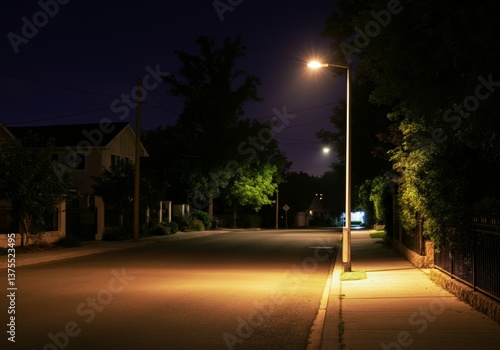Quiet residential street at night with streetlights illuminating sidewalk and trees