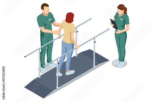 Isometric vector illustration of a female patient practicing walking using parallel bars with assistance from two rehabilitation specialists.