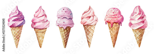 Pink ice cream in waffle cone, realistic watercolor illustration set. Collection of different variations of berry dessert. Isolated clipart with clear even edge on transparent background