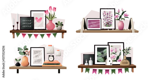 Four shelves decorated with various decorative elements on a white background. Frames with photos or text, vases with flowers, stacks of books, candles, figurines and clocks, garlands with flags.