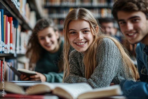 Happy group of students studying and working together in a college library, Generative AI