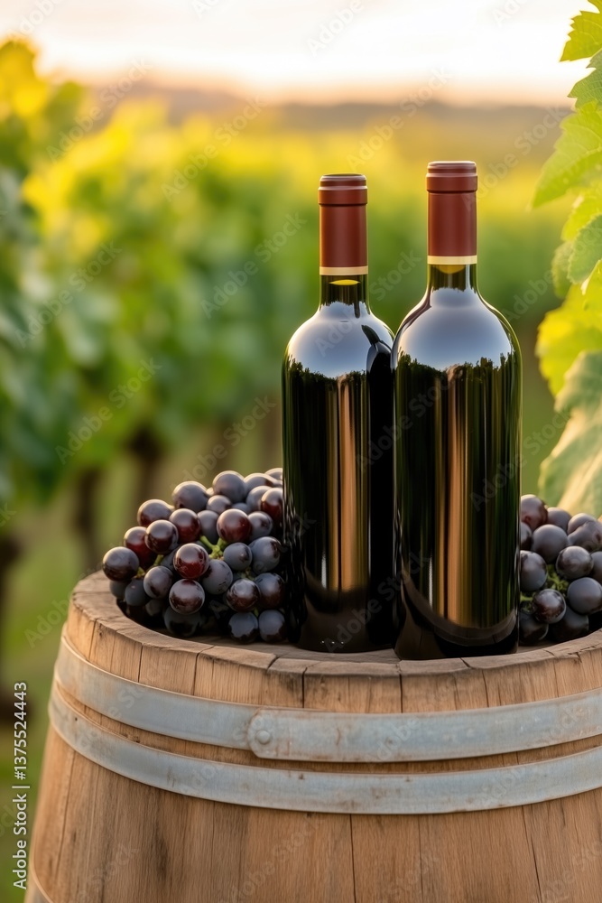 Obraz premium Two wine bottles and grapes on barrel in lush vineyard at sunset
