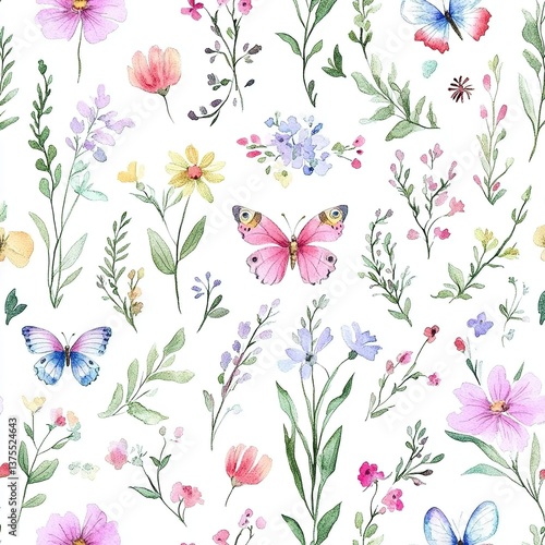 Fototapeta Naklejka Na Ścianę i Meble -  Watercolor floral seamless pattern. Cute botanical print, blooming summer meadow illustration with butterflies on white background. Pastel color palette. Great for nursery design, textile