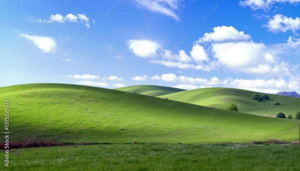 Fototapeta premium The view features a vast expanse of rolling hills covered in vibrant green grass