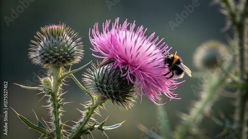 Blooming purple thistle flower with bee collecting pollen. Detailed macro photography showing spiny green foliage and vibrant pink-purple bloom. Wild Scottish thistle against blurred natural scene