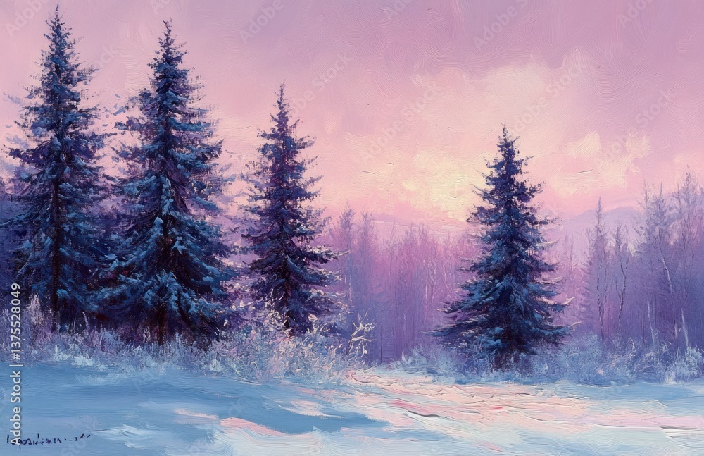 Fototapeta premium Winter landscape with frosty pine trees and river at sunrise