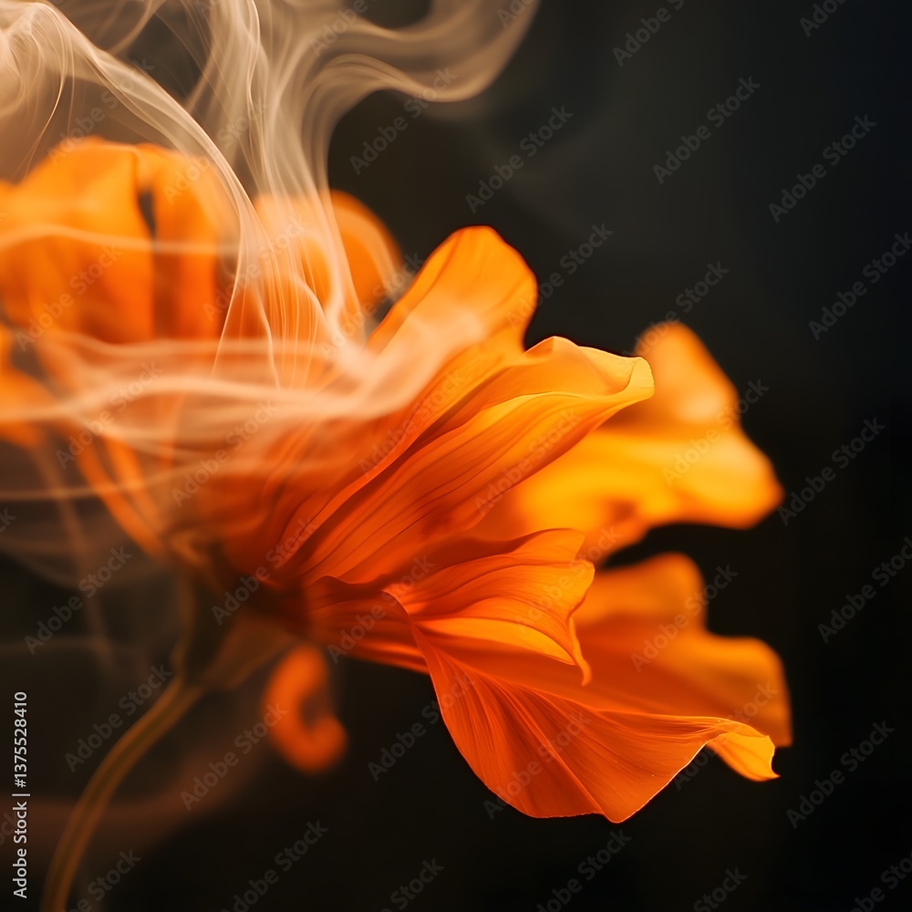 Fototapeta premium A vibrant orange flower in full bloom enveloped by wispy hazy smoke creating an ethereal and captivating scene