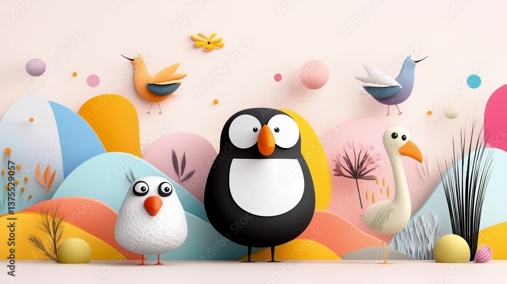 Naklejka premium Whimsical Cartoon Birds in a Vibrant and Playful Nature Scene