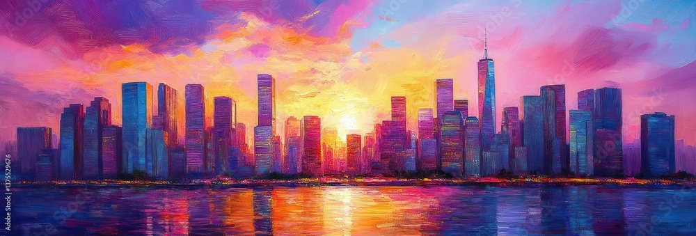 Fototapeta premium Vibrant City Skyline at Sunset Impressionist Painting Abstract Artwork