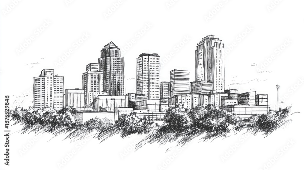 Fototapeta premium Akron Skyline Hand Drawn Sketch. City Landscape of Akron, Ohio with Architecture and Business District