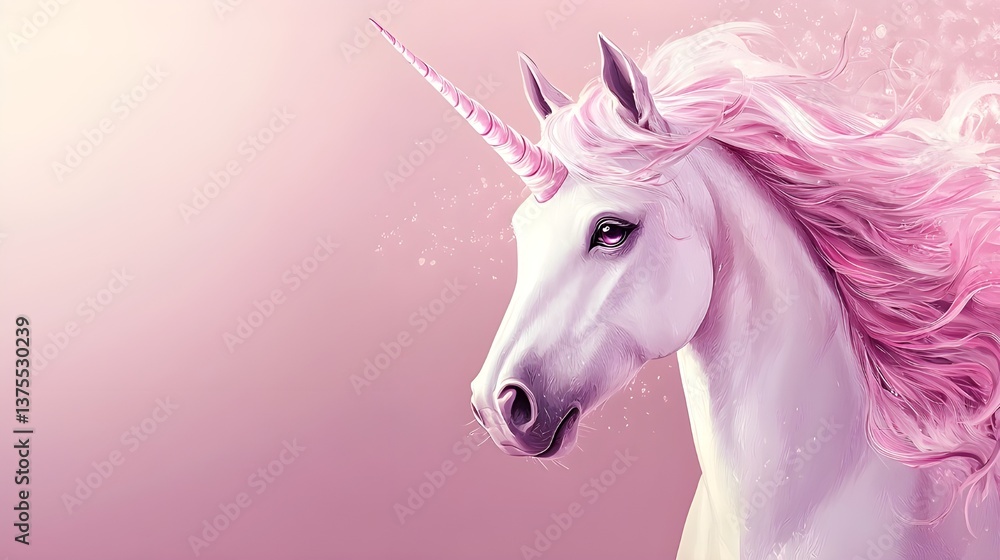 Naklejka premium Background with a cute unicorn with a pink mane and tail that flies in the clouds. Dreamy unicorn in the pink clouds. Magical creature. Fantasy background with pink unicorn.
