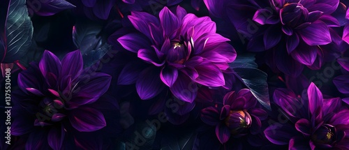 Closeup of lush vibrant purple dahlia flowers blooming amidst dark foliage creating a captivating and serene natural scene