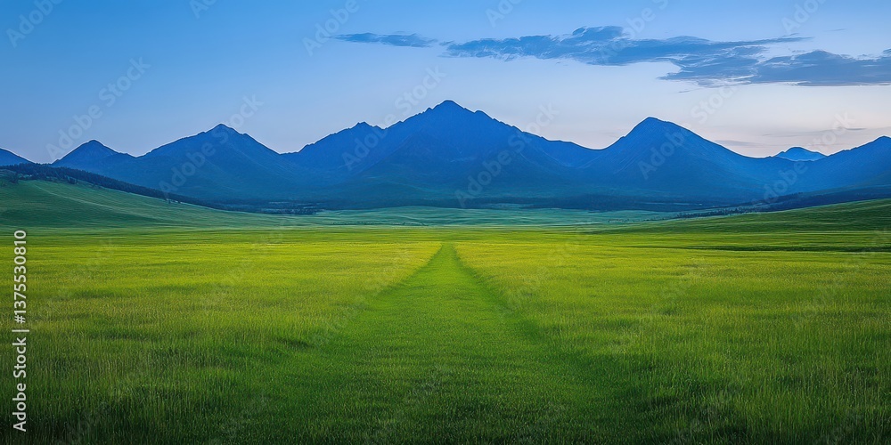 Fototapeta premium Vast green grassland with a single dirt track leading to blue mountains. Wide panoramic horizon under soft clouds. A feeling of direction, resilience, and growth. Ideal for strategy decks