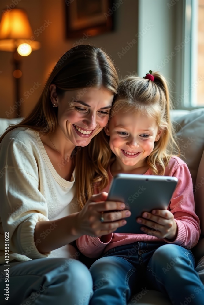 Joyful mom and daughter browsing photos and playing games on digital tablet, lifestyle, fun Joyful mom and daughter browsing photos and playing games on digital tablet, lifestyle, fun