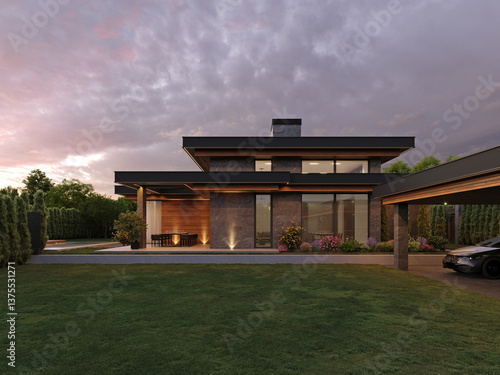 Modern house with flat roof and panoramic windows. Exterior. Evening illumination of the facade. House with swimming pool and large terrace. Modern architecture