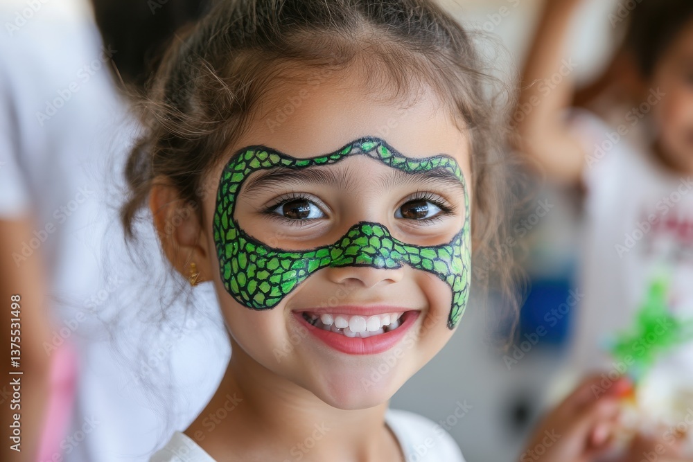 A smiling girl shows off a creative lizard face painting, capturing the essence of childhood joy and imagination at a fun-filled outdoor event with peers around her. A smiling girl shows off a creative lizard face painting, capturing the essence of childhood joy and imagination at a fun-filled outdoor event with peers around her.