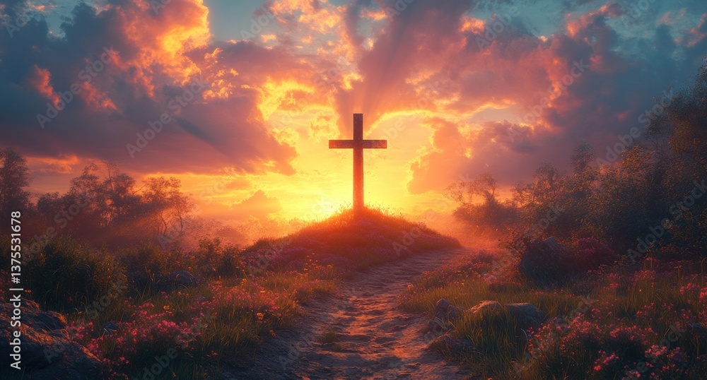 Majestic Cross on Hill at Sunrise with Glowing Light and Dramatic Clouds Majestic Cross on Hill at Sunrise with Glowing Light and Dramatic Clouds