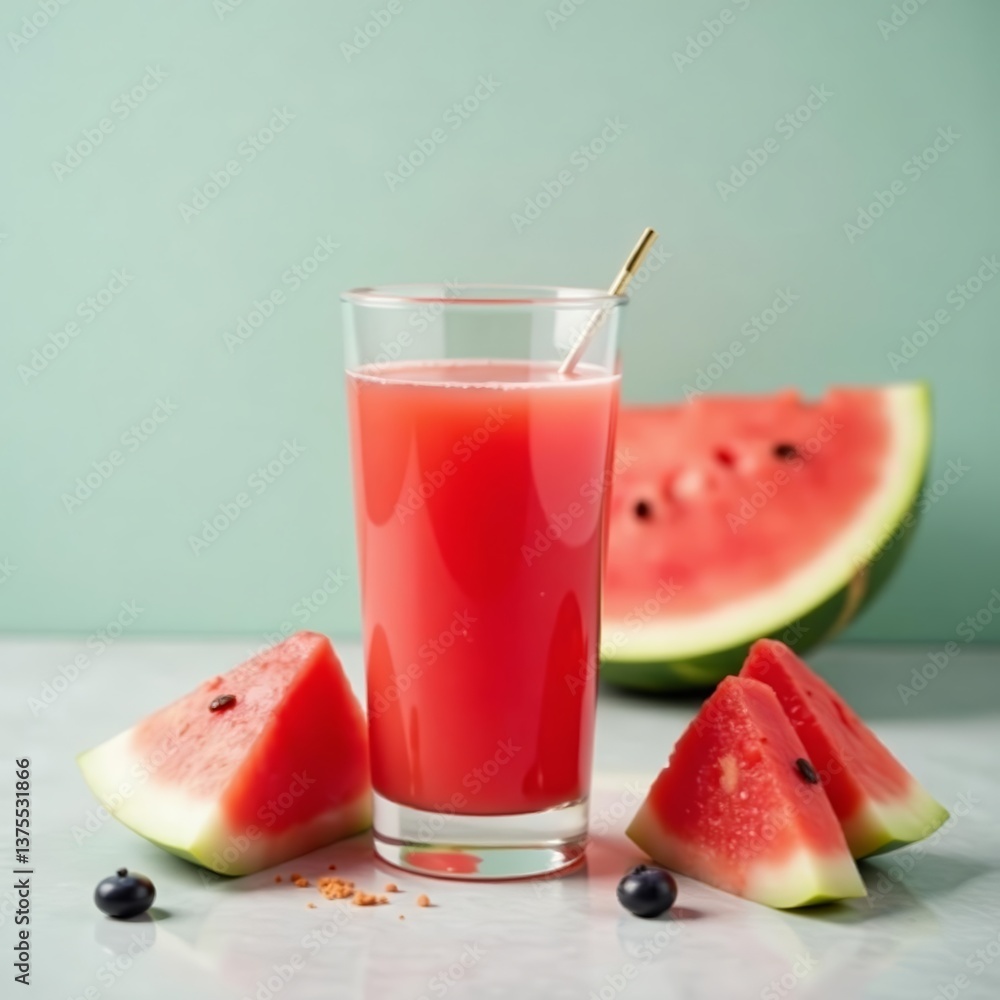 Serving of watermelon juice with fresh watermelon slices on the side, in clear glasses, slice, beverage Serving of watermelon juice with fresh watermelon slices on the side, in clear glasses, slice, beverage