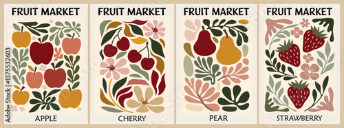 Set of Abstract Fruit Market retro posters. Trendy contemporary wall arts with Apple, Cherry, Pear, Strawberry fruit design in Mid century modern style. Vector flat illustrations
