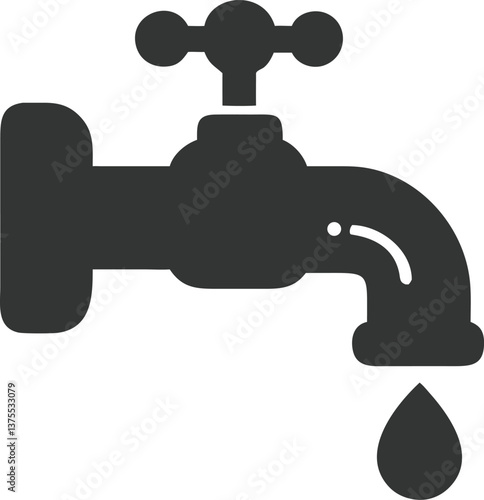 Water Tap Icon with Dripping Water Drop on Transparent Background