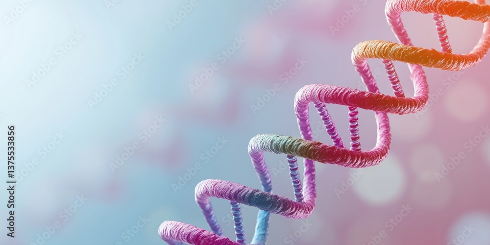A colorful DNA strand with a blue, green, and pink section. The strand is twisted and has a fuzzy appearance A colorful DNA strand with a blue, green, and pink section. The strand is twisted and has a fuzzy appearance