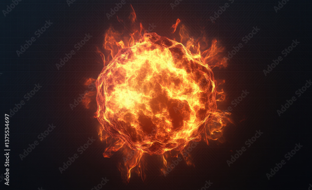 Fototapeta premium vibrant fireball explosion radiates intense heat and energy against dark background, creating striking visual impact. fiery orb showcases dynamic flames and glowing edges, evoking sense of power