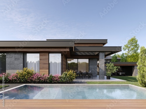 Modern house with flat roof and panoramic windows. Exterior. House with swimming pool and large terrace. Modern architecture