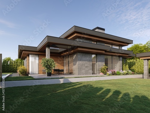 Modern house with flat roof and panoramic windows. Exterior. House with swimming pool and large terrace. Modern architecture