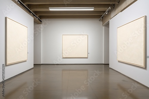 Empty gallery walls, modern art exhibition space, showcasing blank canvases