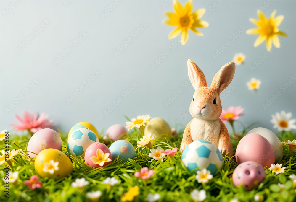 Fototapeta premium Easter bunny with colorful Easter eggs and spring flowers on a green meadow. Easter concept. Background image for greeting card, spring postcard, banner, flyer, advertisement.