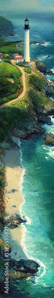 Aerial View of Lighthouse on Rocky Shore with Turquoise Waters and Green Fields in France Aerial View of Lighthouse on Rocky Shore with Turquoise Waters and Green Fields in France
