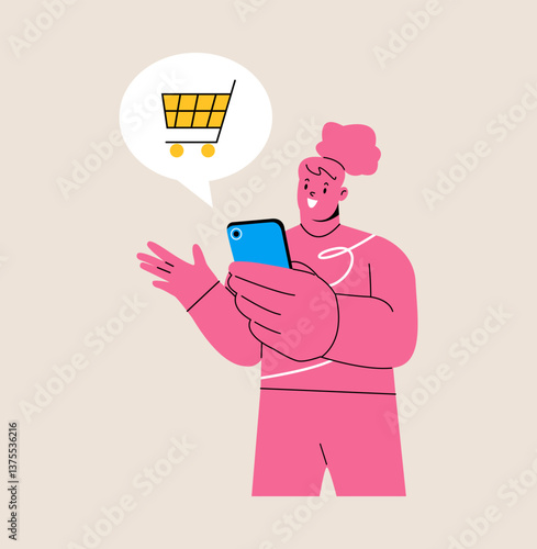 Woman happy with online shoping. Shoping concept. Colorful vector illustration