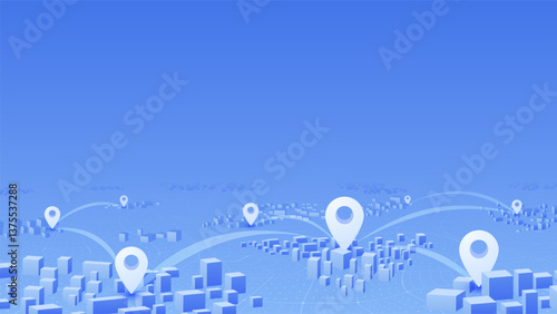 GPS navigation to pins and multiple markers on route. City map featuring directional signs, an intended goal point. Abstract plan highlights POI . Vector illustration