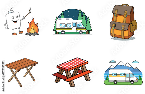 Camping Bundle. Luxurious Jacuzzi Glamping Collection Icons