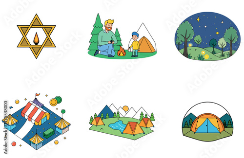 Camping Bundle. Apocalyptic City Destruction Collection Icons