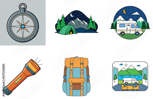 Camping Bundle. Scenic Lake Adventure Collection Icons