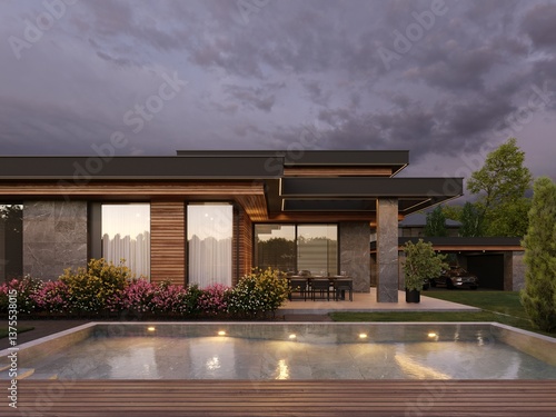 Modern house with flat roof and panoramic windows. Exterior. Evening illumination of the facade. House with swimming pool and large terrace. Modern architecture