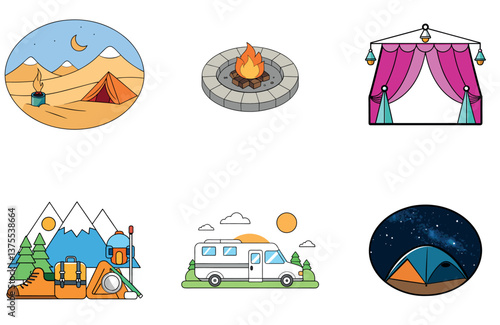 Camping Bundle. Hiking Boots Adventure Collection Icons