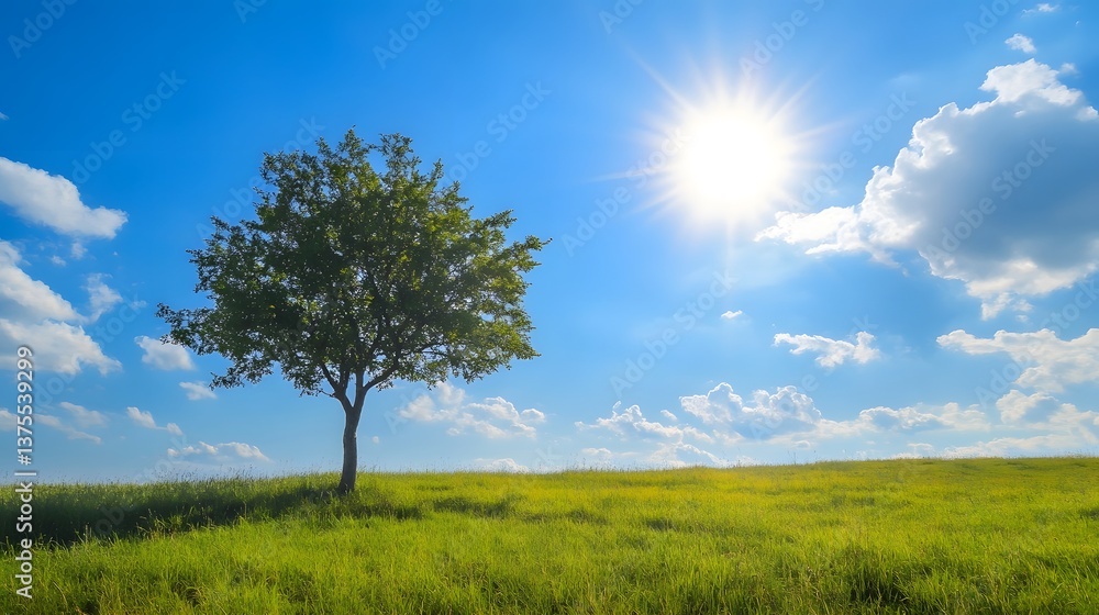 Fototapeta premium A serene idyllic landscape featuring a lone tree standing tall in a verdant meadow with a bright cloudless sky and warm sunlight overhead creating a tranquil and rejuvenating atmosphere